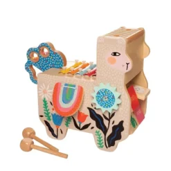 Manhattan Toy Musical Llama Wooden Instrument For Toddlers With Maraca, Clacking Saddlebags, Drumsticks, Washboard And Xylophone