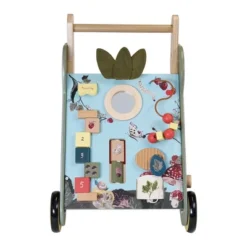 Manhattan Toy Wildwoods Owl Wooden Push Cart With Shape Sorter And Basket, Serrated Oval, Spinners, Bead Run And More